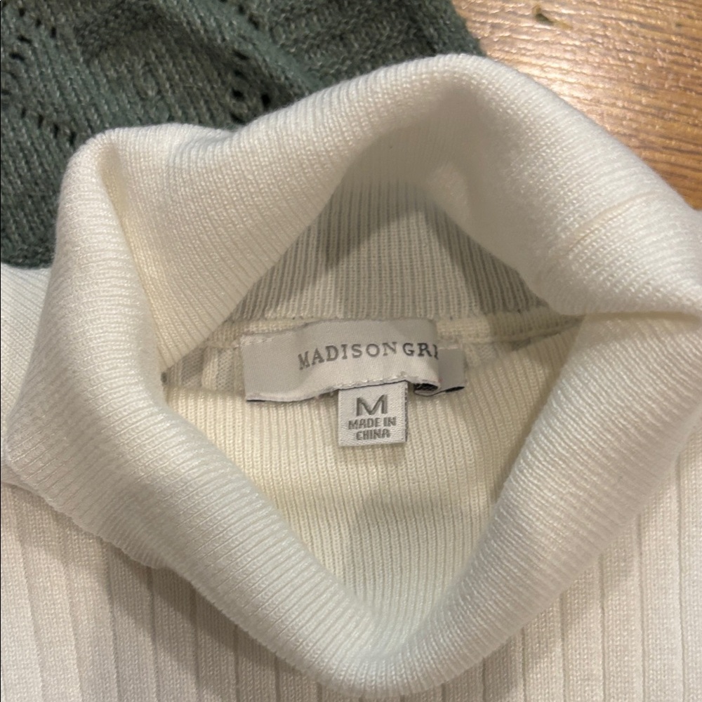Madison Cream turtle neck and Green pullover v neck sweater - Picture 2 of 10